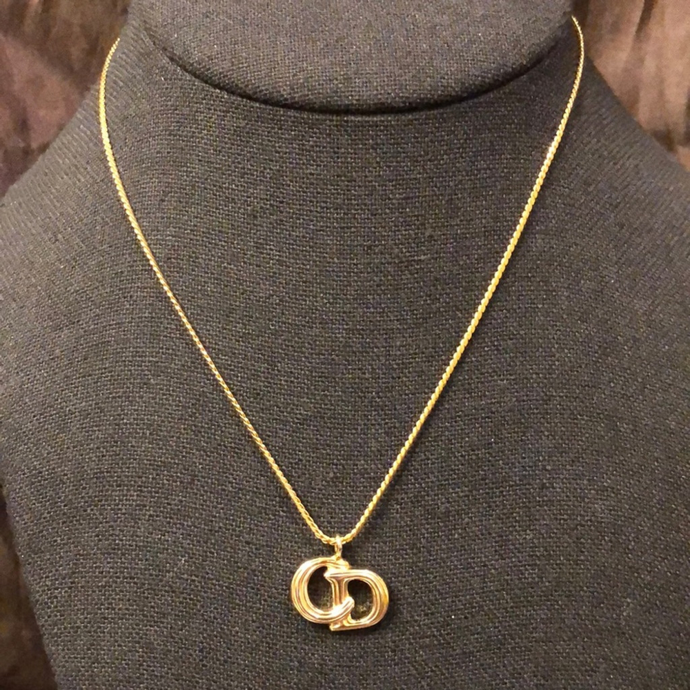 CHRISTIAN DIOR Gold Plated CD Monogram Pendant Necklace w/ DIOR BOX, DUST BAG